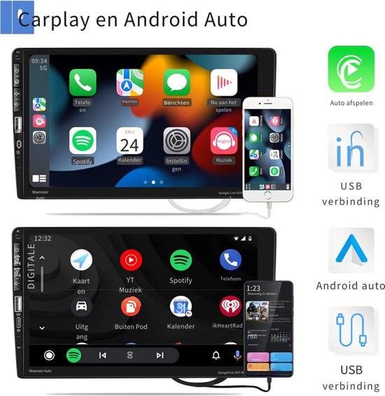 Autoradio 1 DIN CarPlay et Android Auto avec 6.36'' Écran Tactile HD/Bluetooth 5.0/Caméra de Recul Inclus/FM USB Type C/GPS/Airplay/Mirrorlink/Siri Commande Vocale