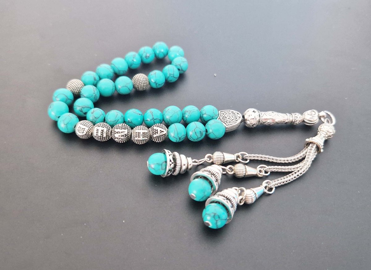 Handgemaakte naam tasbih 33 Kralen Natuursteen “Howliet groen ” - met metaal tassel “Klokken"- Met je naam of de naam van uw geliefde- 8 mm diameter van de korrel