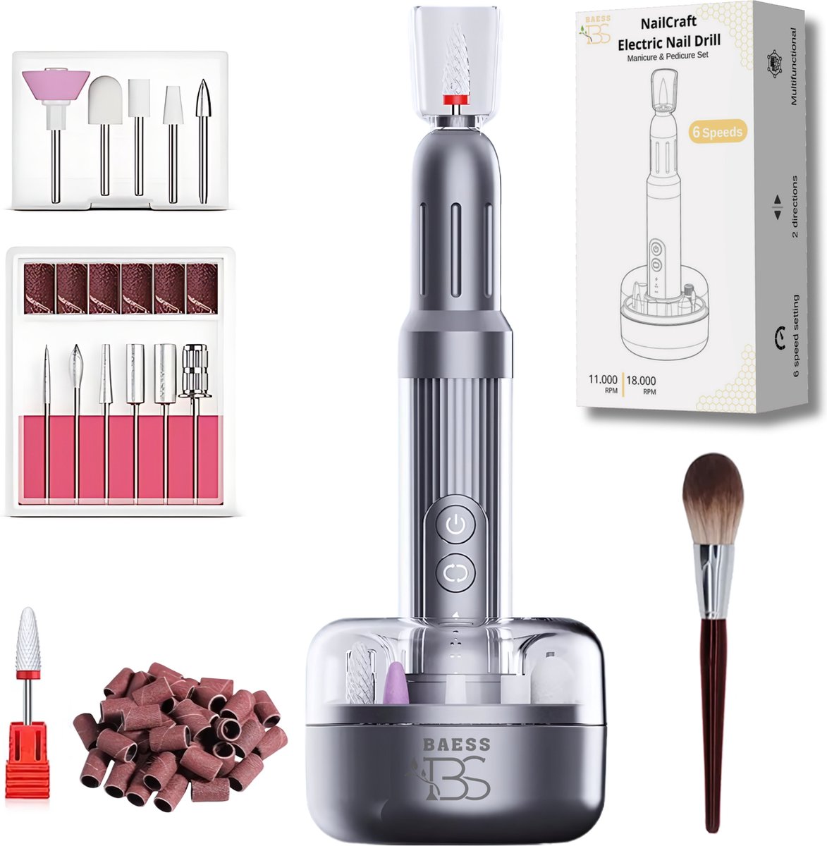 Elektrische Nagelvijl - Draadloze Nagelfrees met Oplaadstation - Manicure en Pedicure set - 12 Bitjes en 35 Schuurrollen - Nail Drill - Antraciet