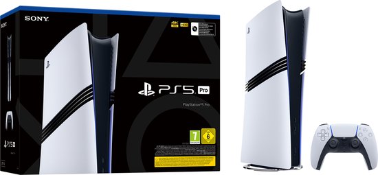 Doos van de PlayStation 5 Pro naast de console en controller. De doos toont een afbeelding van de console en bevat de tekst 'PS5 PRO'.