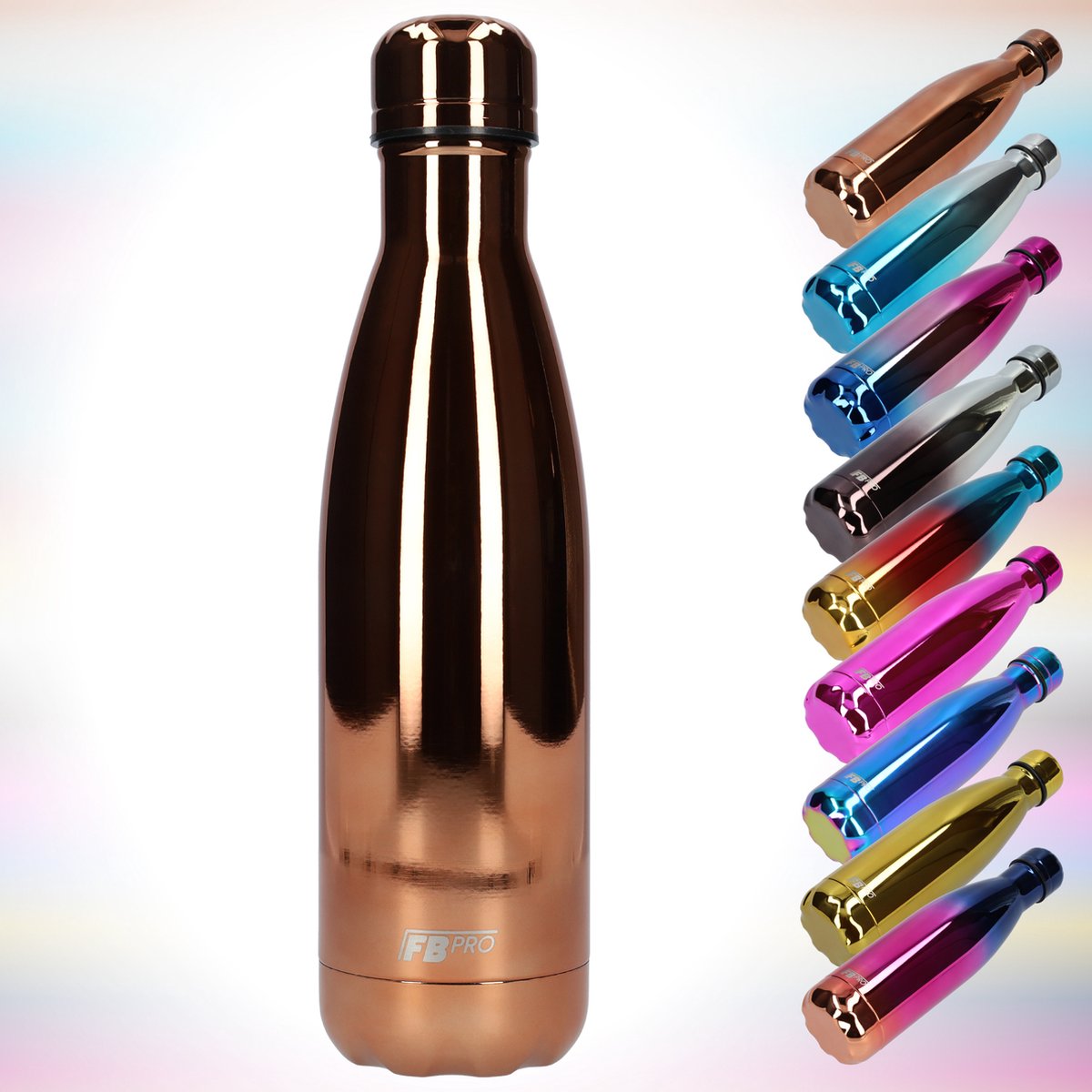 FBFS55, Thermosfles, Drinkfles, Waterfles - Modern & Slank Design - Thermos Fles voor de Warme en Koude Dagen - Dubbelwandig - Robuuste Thermoskan - 500ml - Rose Gold - Roos Goud