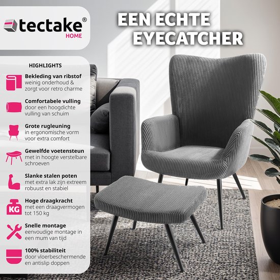 tectake® Oorfauteuil gestoffeerd - Scandinavische stijl, teddystoel, woonkamer, slaapkamer, lounge stoel, draagvermogen tot 150 kg - met hocker - div uitvoeringen - Bouclé - creme/zwart