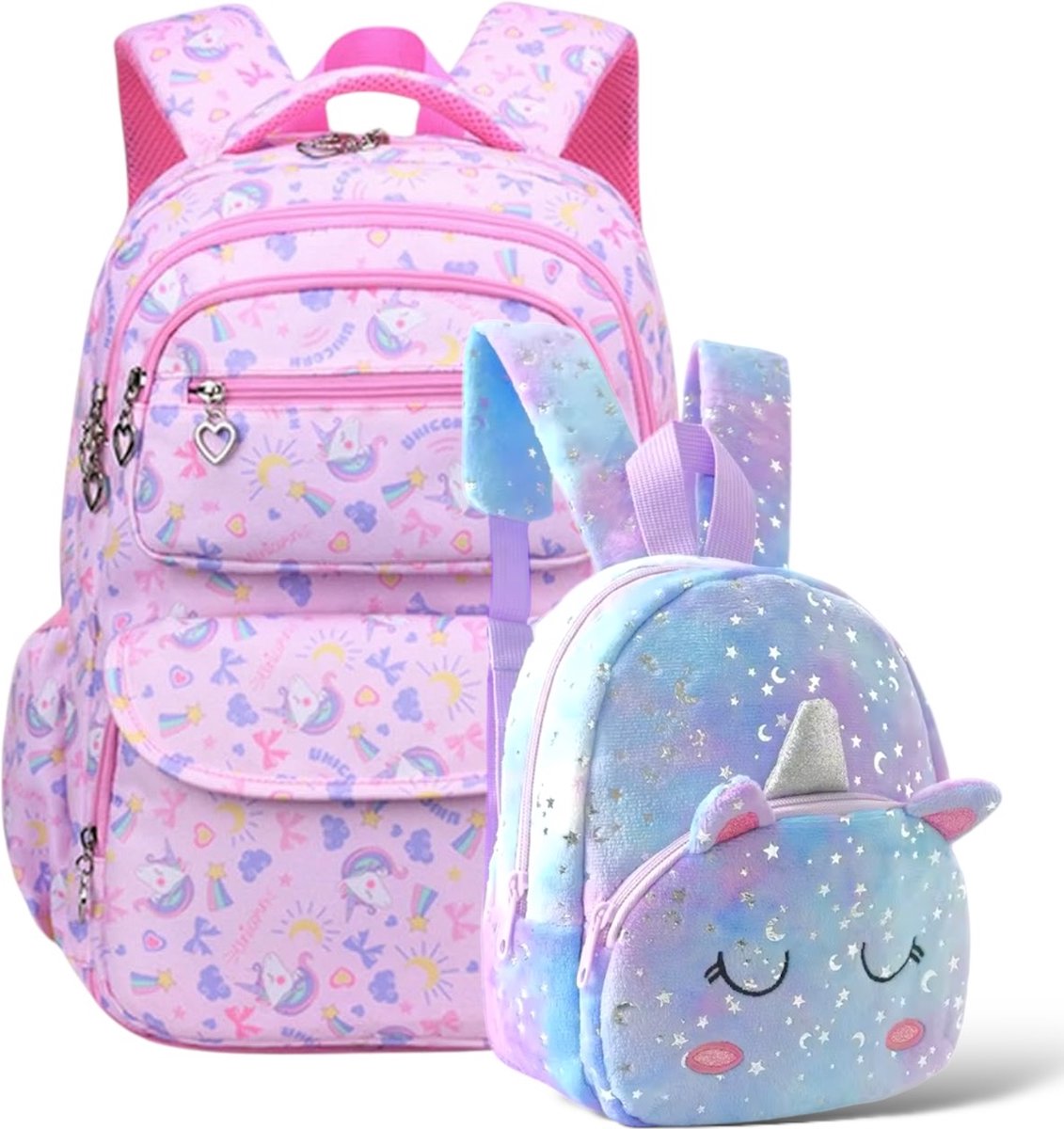 Ultiluxe® Schooltas met unicorns 2 stuks - Roze/lila/paars - Rugzak voor meisjes - Kleine velvet eenhoorn rugtas - Schoolrugzak voor kinderen - Zilveren sterrenprint - 2-delige schooltassen set voor meiden - 20 L en 6 L