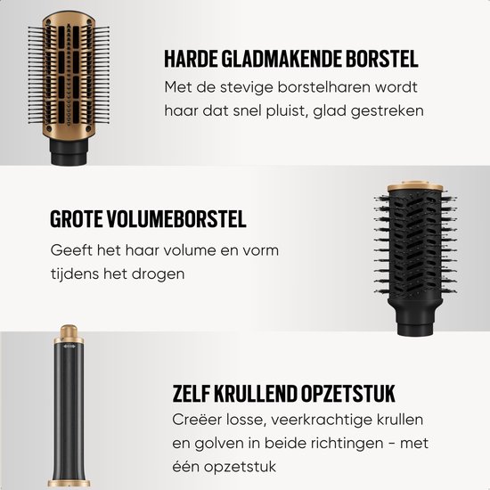 Drie opzetstukken voor de Navado Easystyler Pro: harde gladmakende borstel, grote volumeborstel en zelf krullend opzetstuk.