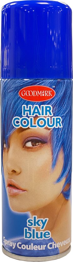 Spuitbus GOODMARK Haar Kleur Sky Blue met afbeelding van een vrouw met felblauwe haren.