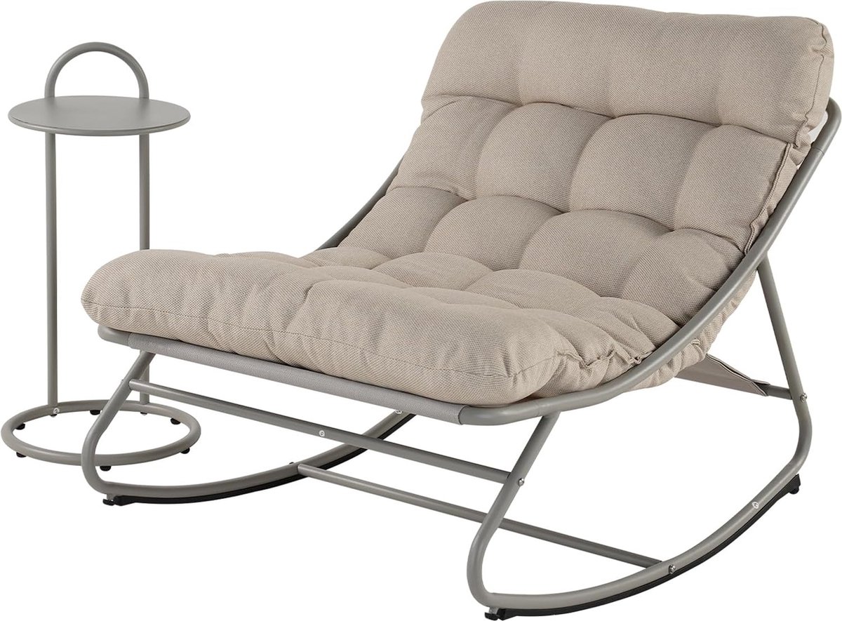 JGS® - Luxe Tuin Schommelstoel met Bijzettafel en Kussens, Weerbestendige Relaxstoel van Metaal voor Tuin, Woonkamer, Terras en Balkon, Belastbaar tot 150kg - Champagnekleur -