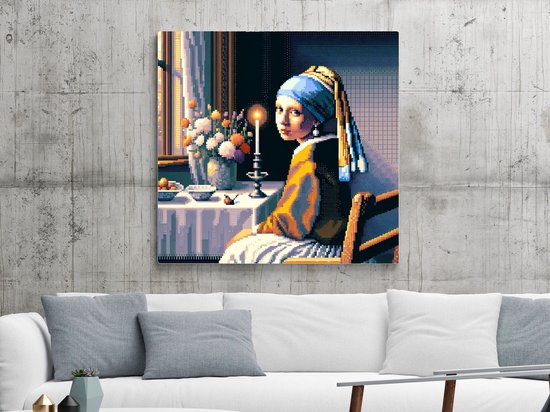 Pixel art vermeer schilderij | Vermeers meesterwerk tot leven gebracht in pixel-perfecte kunstvorm | Kunst - 20x20 centimeter op Dibond | Foto op Dibond