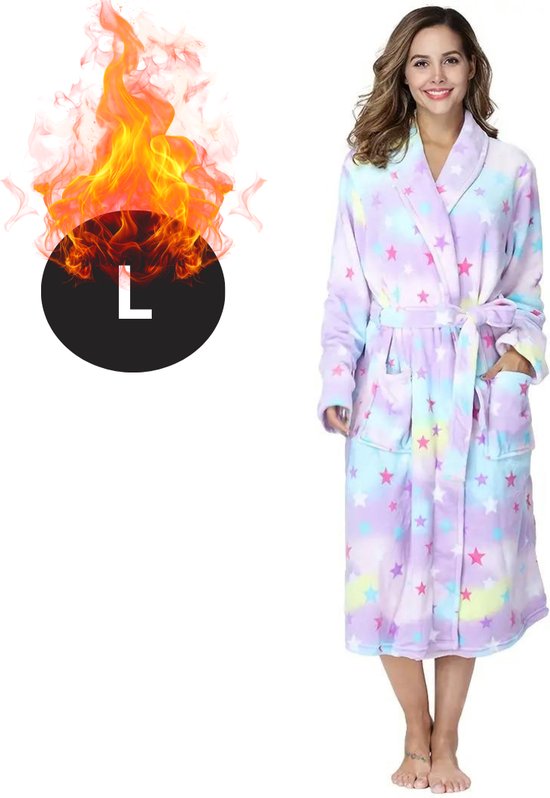 Livano Badjas Dames - Fleece - Katoen - Badstof - Sauna - Hamam - Wafel - Bathrobe - Duster - Ochtendjas - Spa - Kimono - Sterren L