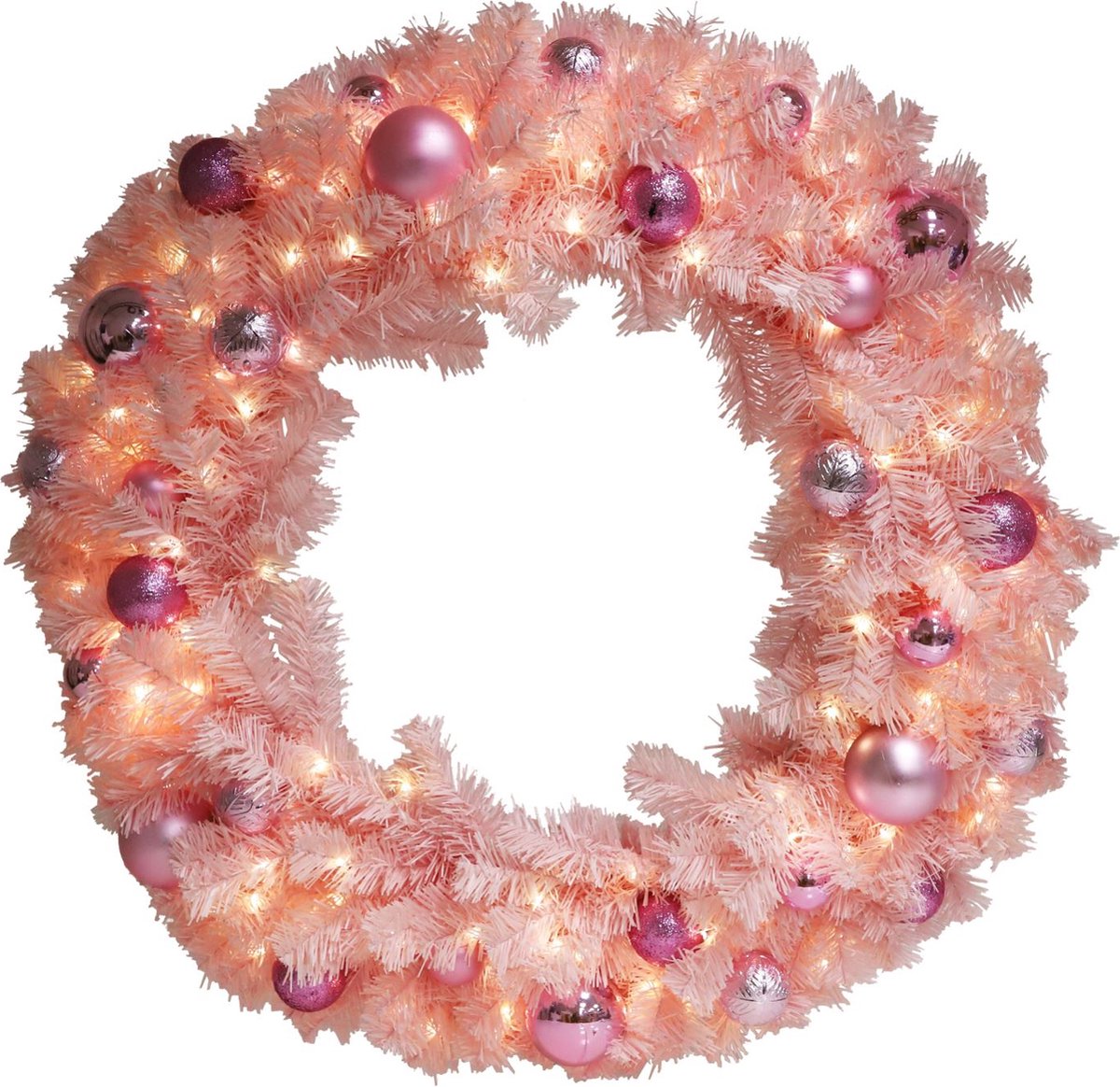 Verlichte kerstkrans - roze - Ø 80 cm - 90 warm witte ledlampjes - met kerstballen