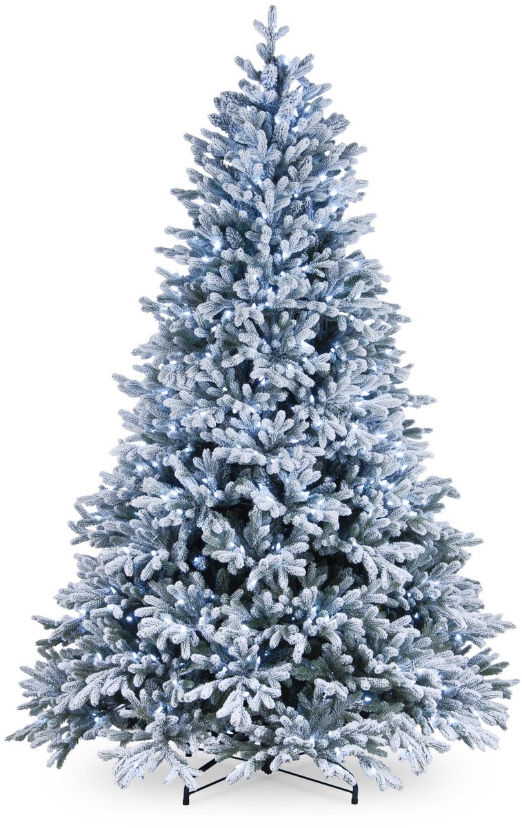 Snowy Hamilton kunstkerstboom - 213 cm - groen - Ø 140 cm - 3.929 tips - 600 ledlampjes - besneeuwd - metalen voet