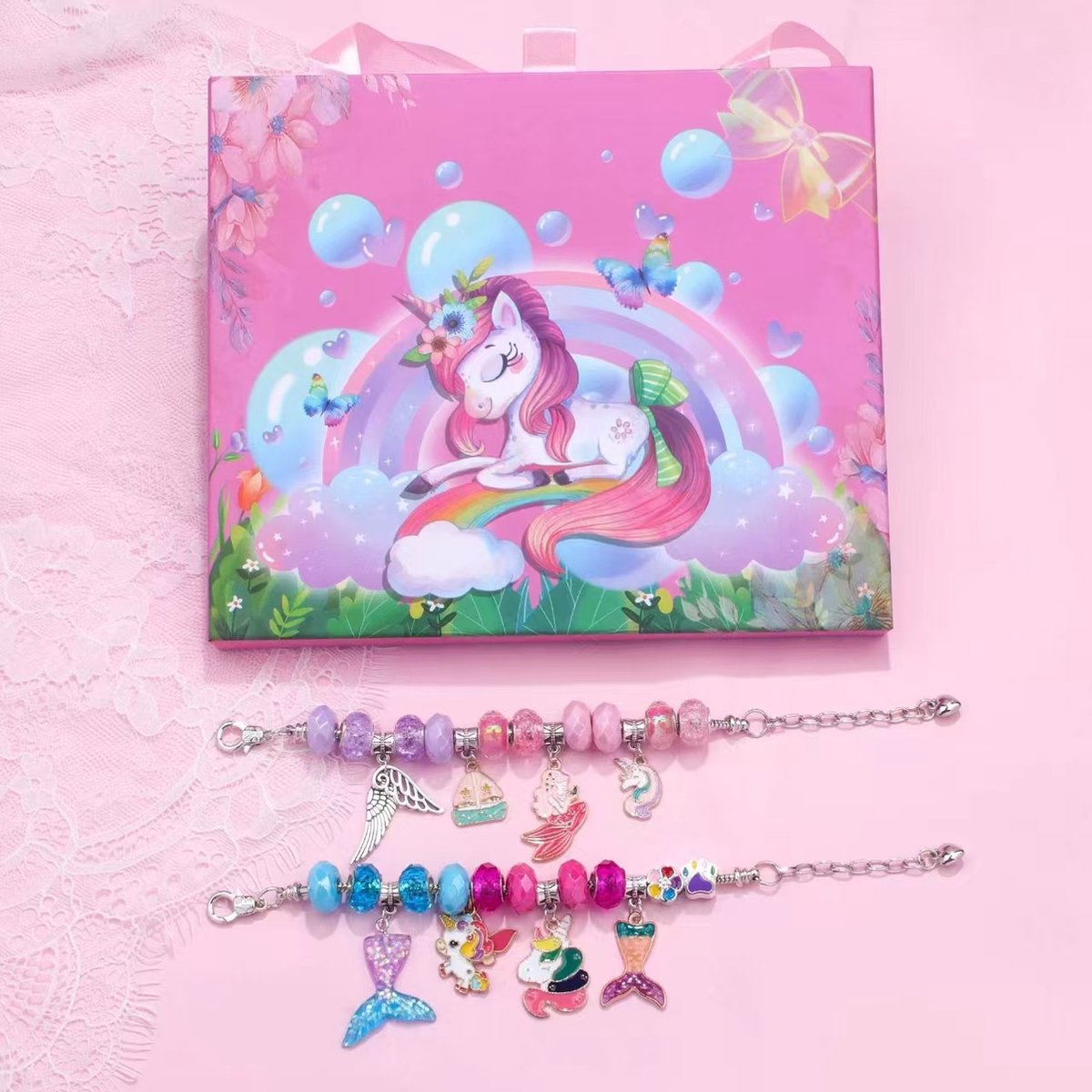 Sieradenset Meisje(128pcs) -DIY sieradendoos -Kettingen armbanden zelf maken - sieraden DIY knutselset voor kinderen - bedelarmbandkit doe-het-zelf kindersieraden, knutselen, kinderspeelgoed(5-12 jaar)-Roze — afbeelding 8