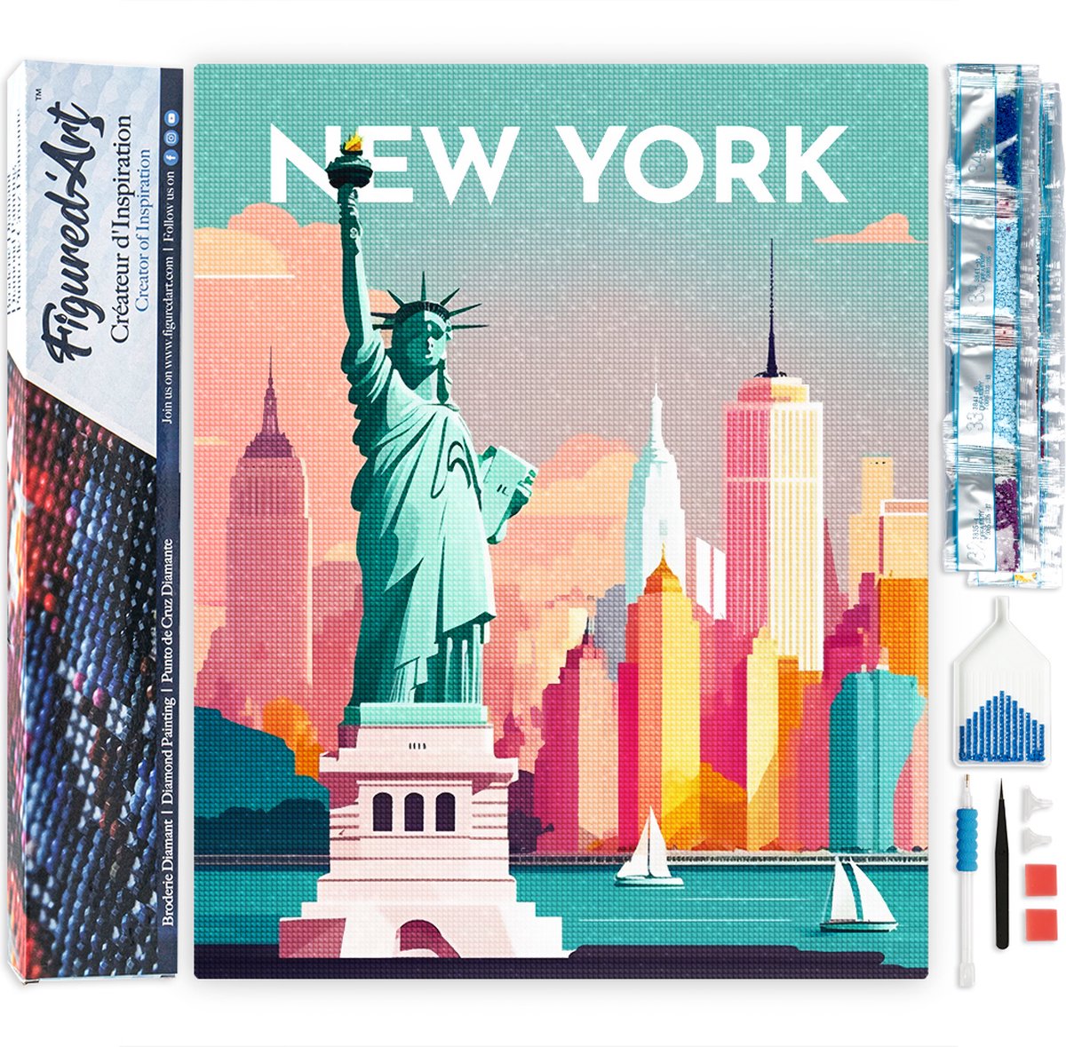 Figured'Art Diamond Painting set Volwassenen 40x50 cm Reisposter New York - 5D DIY Art full drill vierkante diamant - Opgerold canvas