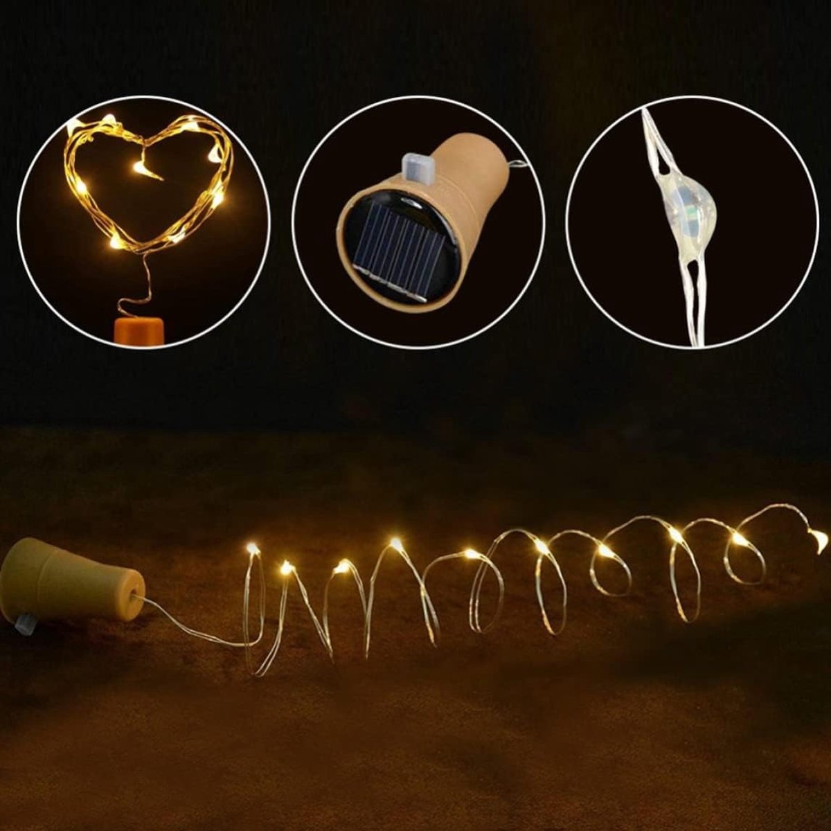 Flesverlichting - Lichtsnoer - Flesverlichting op Zonne Energie - Draadverlichting - Sfeerverlichting - Solar Flesverlichting - 10 LED's - 80 mAh - Warm Wit - 100 CM