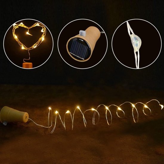 Flesverlichting - Lichtsnoer - Flesverlichting op Zonne Energie - Draadverlichting - Sfeerverlichting - Solar Flesverlichting - 10 LED's - 80 mAh - Warm Wit - 100 CM