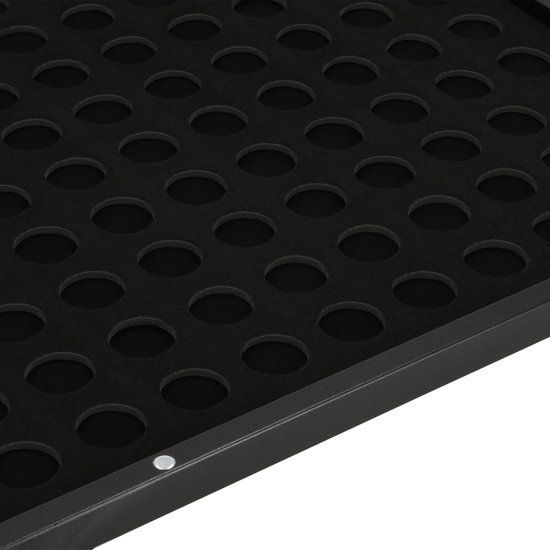 Detail van zwarte lijst met 100 cirkelvormige uitsparingen voor capsules.