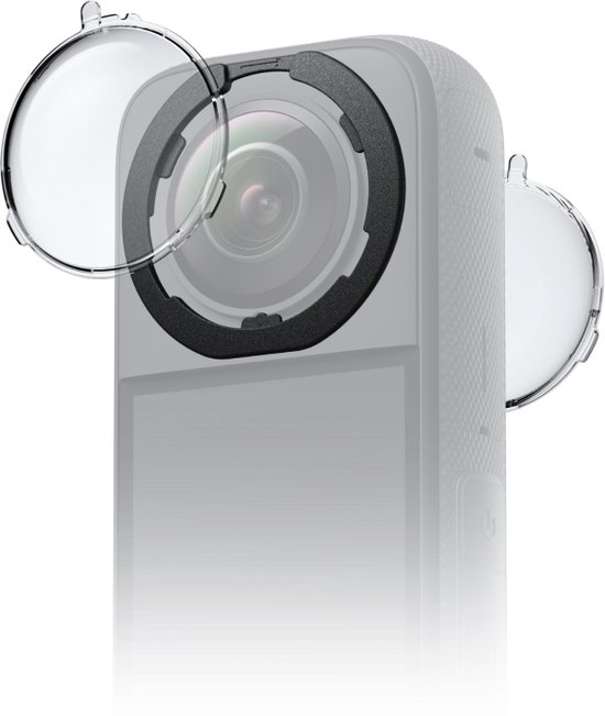 Close-up van de Insta360 X3 camera met twee transparante lensbeschermers.