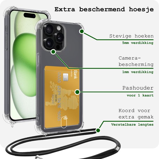 Hoes Geschikt voor iPhone 11 Pro Max Hoesje Pas Houder Shock Proof Case Hoes Met Koord - Hoesje Geschikt voor iPhone 11 Pro Max Hoes Met Telefoonkoord Pasjeshouder Cover - Transparant - 2 Stuks