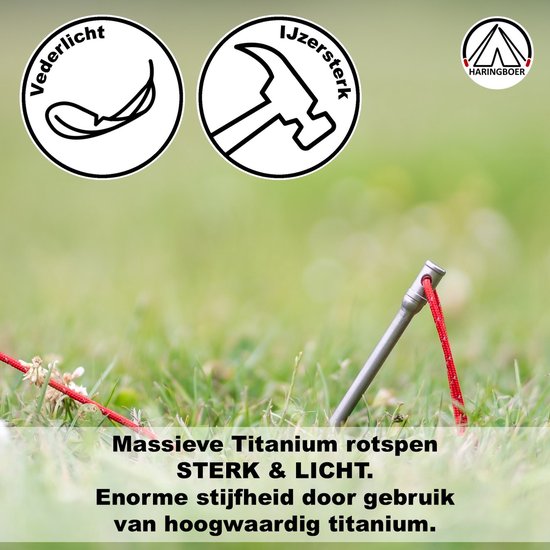 Haringboer® Tentharingen - 16,5 cm Rotsharingen - 8 stuks Grondpennen - Lichtgewicht 15 gram per stuk - Titanium (TC4) Haringen Tent - Middel tot Harde Ondergrond - Inclusief Trekkoord en Haringzak van Haringboer® — afbeelding 3