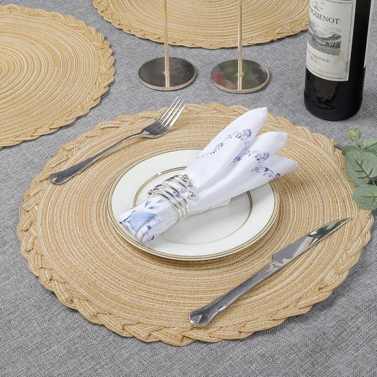 fanquare Ronde Placemats Set van 6 Hittebestendige Gevlochten Placemats voor Keukentafel 38 cm Kaki Ronde Wasbare Placemats