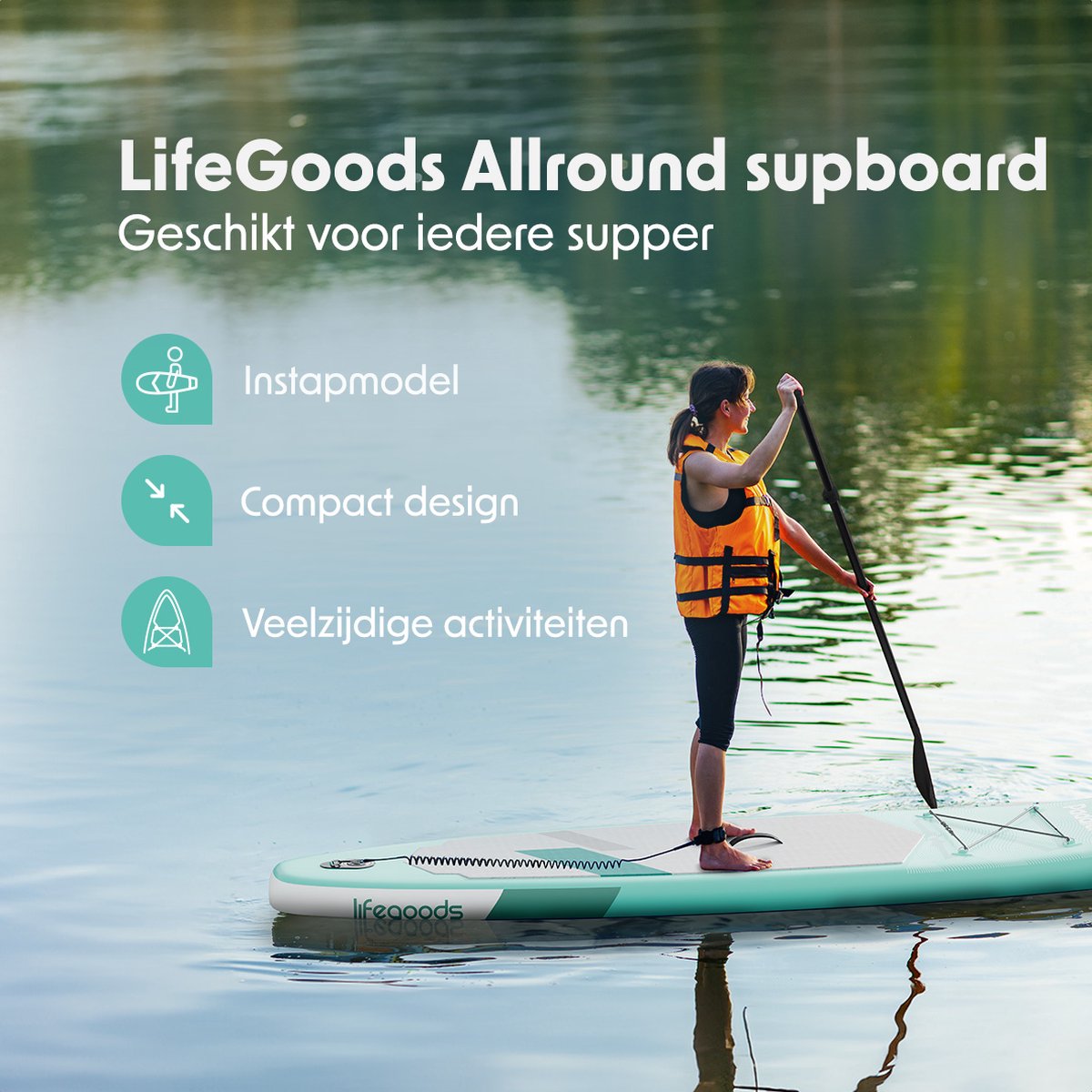 LifeGoods SUP Board Allround Compact - 120 KG Draagkracht - 300 x 76 cm - Opblaasbaar - Compleet SUP pakket - Mintgroen – foto 2