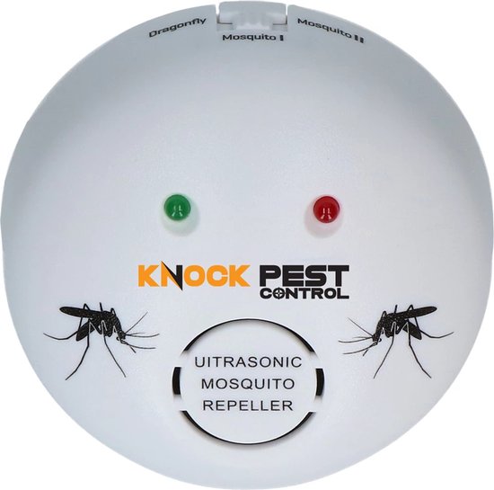Ronde witte muggenverjager met knoppen voor 'Dragonfly', 'Mosquito I' en 'Mosquito II', met twee LED-lampjes en twee mug-afbeeldingen.