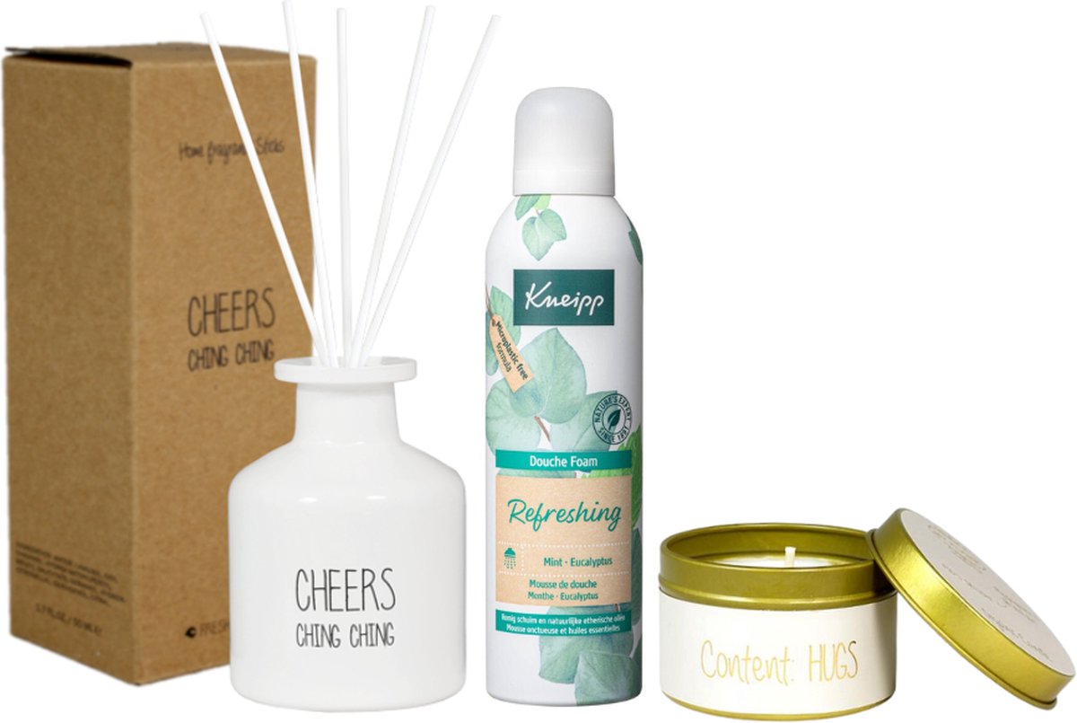 Goedkoopste My Flame Cadeauset Cheers Geurstokjes & Kneipp Refreshing - MyFlame Geurstokjes Cheers - Kneipp Shower Foam Refreshing - MyFlame Kaarsje Content Hugs