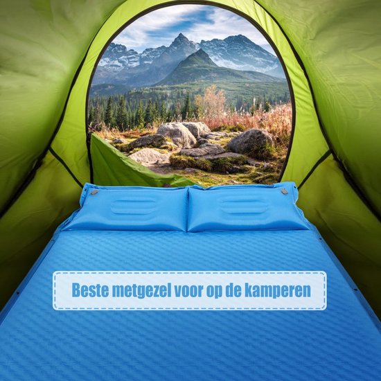 Go Plus Zelfopblazende Slaapmat 2-Persoons - Met Ingebouwde Kussens - Waterdicht & Lichtgewicht - Ideaal voor Kamperen, Hiken & Outdoor Reizen - Blauw — afbeelding 3