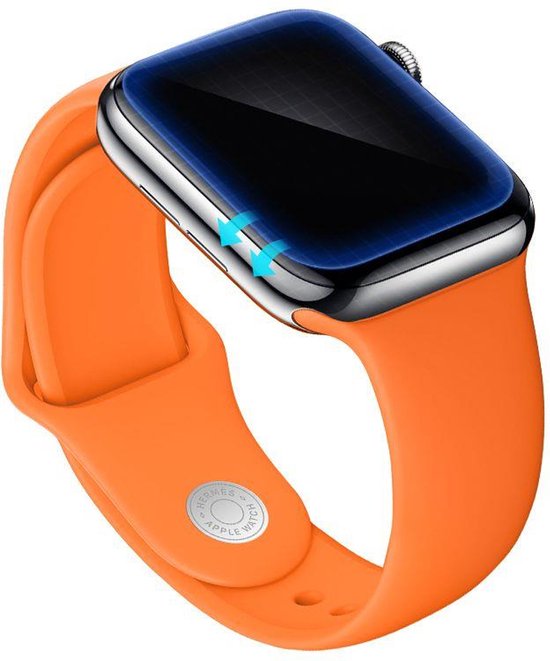 Oranje Apple Watch band met een zilverkleurige horlogekast en doorzichtige screenprotector.