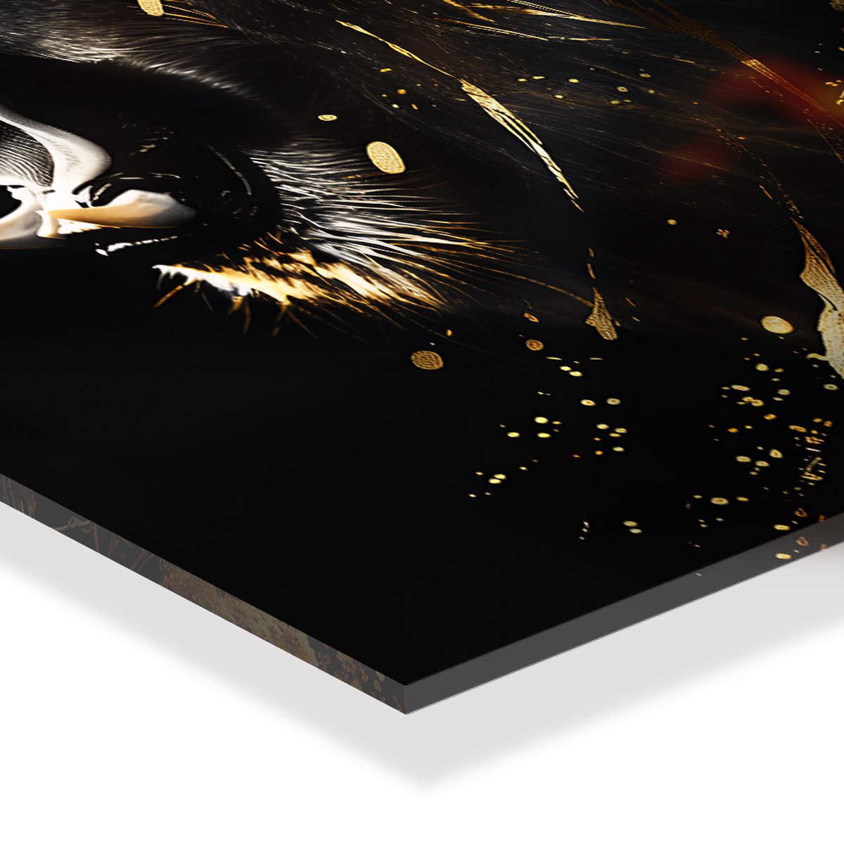 Indoorart Glasschilderij Battle Lion 60x90 CM - Afbeelding op plexiglas - Inclusief montagemateriaal zwart, wit, goud