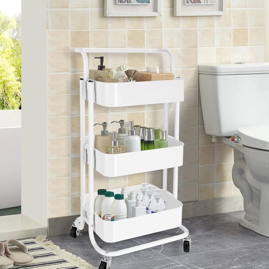 Chariot de Rangement Utilitaire de Cuisine 3 Niveaux, Desserte en Fil Métallique avec Capacité 300 kg, Chariot de Service avec Panier de 80 mm de Profondeur 6 Crochets Domicile 88,9x45,7x90,2 cm | FR