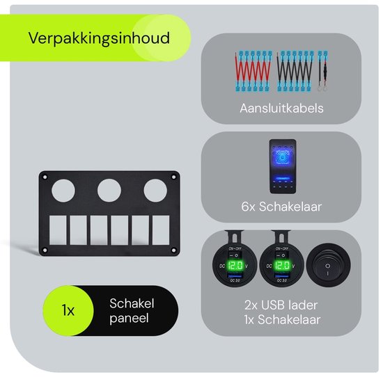 Verpakkingsinhoud: Schakelpaneel, 6x schakelaars, 2x USB lader, 1x schakelaar, aansluitkabels.