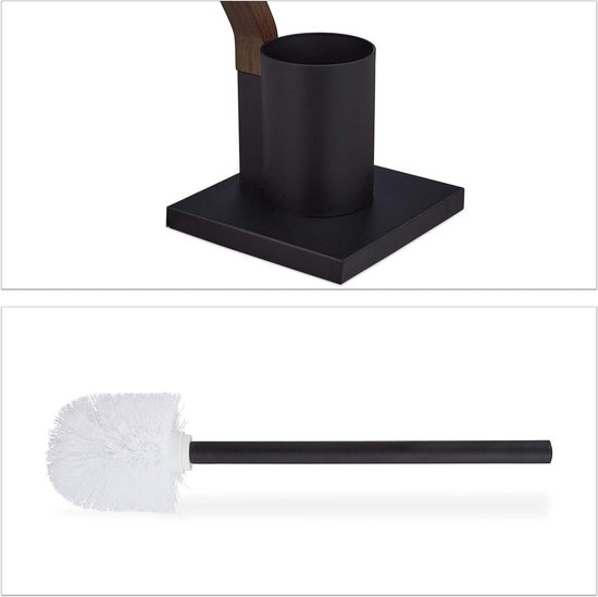 Relaxdays WC Garnitur stehend, Holz und Stahl, Toilettenpapierhalter mit Bürste, HBT 75 x 18,5 x 18,5 cm, schwarz/braun