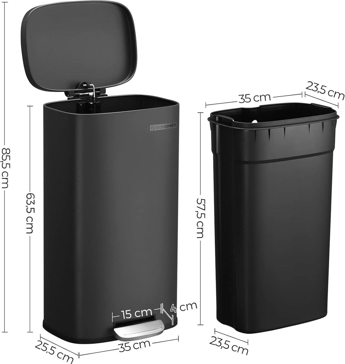 SONGMICSHOME Prullenbak met Dubbel Compartiment en Voetpedaal, Afvalscheidingsbak met Softclose, Staal, voor Keuken of Thuis, Grijs | Afvalbakken