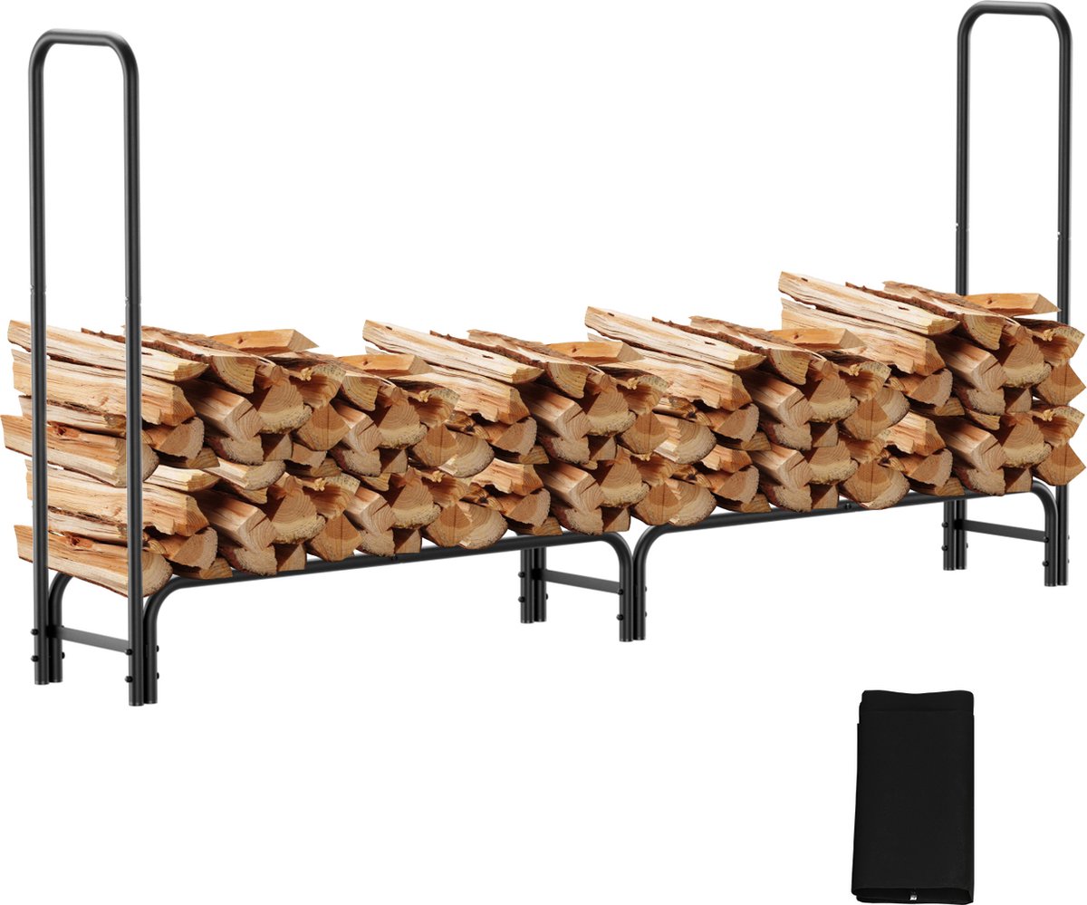 Brandhoutrek houtopslag zwart Metaal Houtopslag 244*34.5*124cm Met beschermend dekzeil haardhoutrek haardhout opslag