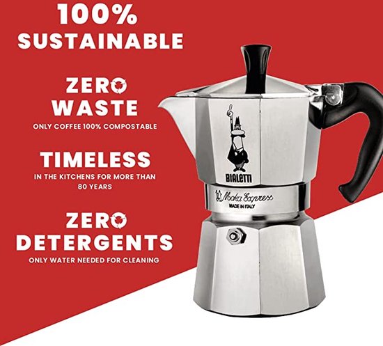 Bialetti Moka Express percolator met tekst "100% SUSTAINABLE", "ZERO WASTE", "TIMELESS", "ZERO DETERGENTS".