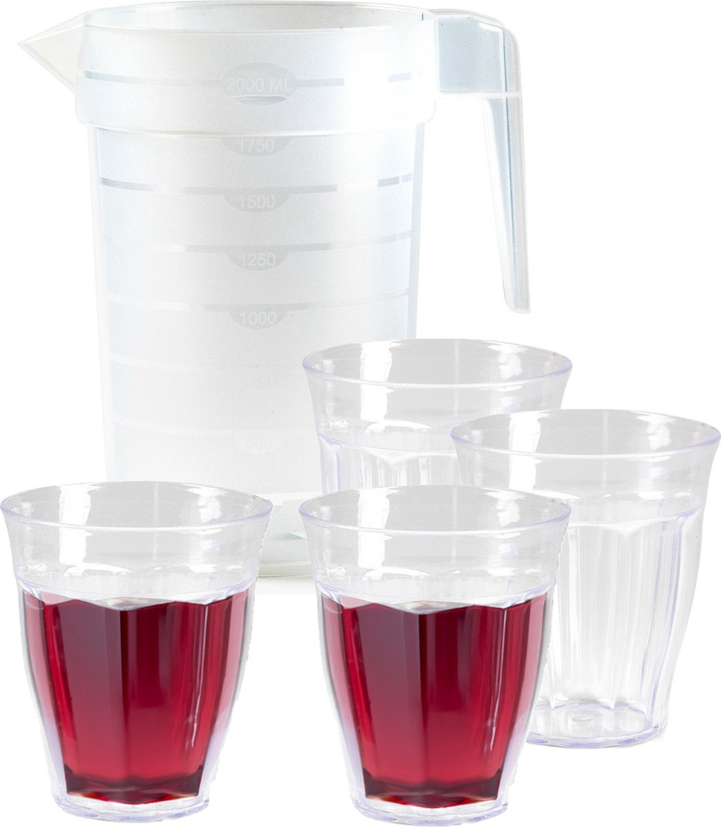 PLASTICFORTE Waterkan schenkkan met glazen set kunststof onbreekbaar karaf 2 liter 8x glazen van 250 ml bpa vrij