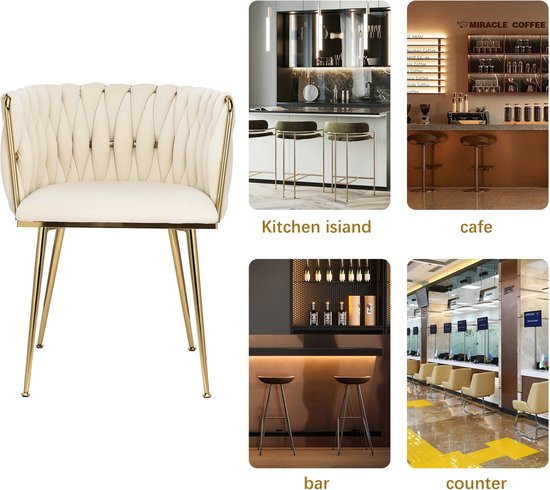 Moderne witte fluwelen eetkamerstoel met gouden poten, geperforeerd design (49x48x78 cm, set van 4
