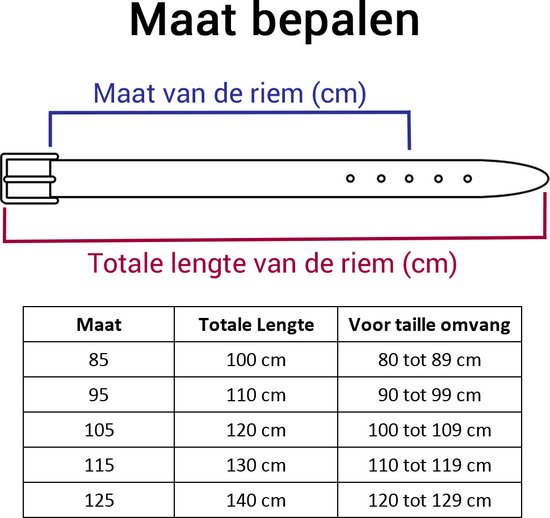 Tableau des tailles pour ceintures avec mesures en centimètres.