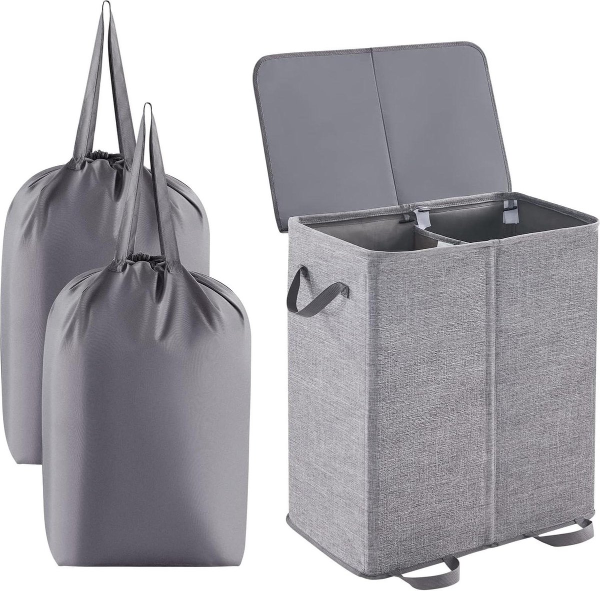 Goedkoopste Wasmand Dubbele Kledingmand Met Deksel en Verwijderbare Wasmanden - Groot Inklapbaar - 2 Verdelers - Vuile Wasmand Met Handvat - Grijs