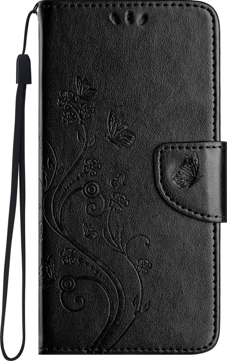 Mobigear Telefoonhoesje geschikt voor Apple iPhone 16 Hoesje | Mobigear Flowers Bookcase Portemonnee | Pasjeshouder voor 2 Pasjes | Telefoonhoesje voor Pinpas / OV Kaart / Rijbewijs - Zwart