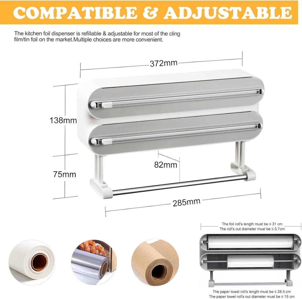 Magnetische huishoudfoliedispenser en snijder - geavanceerde 3-in-1 wandgemonteerde keukenrolhouder, Quasziwa navulbare huishoudfolie en aluminiumfoliedispenser met papieren handdoekhouder - past op
