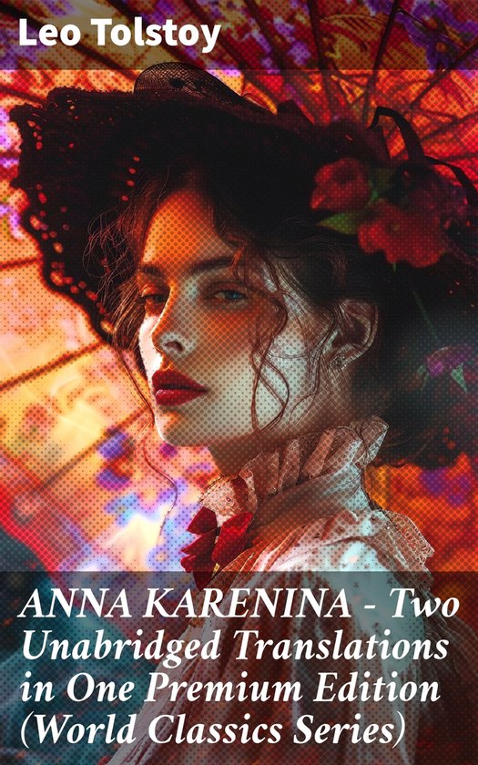 Boekomslag van Anna Karenina met een vrouw in een hoed en Leo Tolstoys naam.