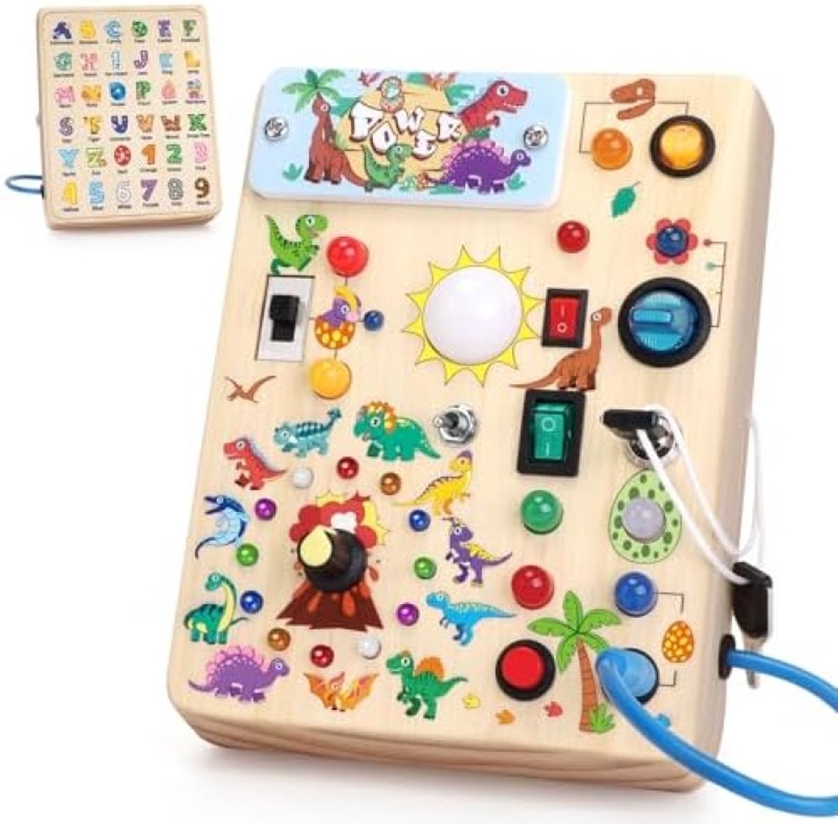 Unbranded Dinosaur Montessori Speelgoed 1 2 3 jaar Busy Board Activiteitenbord Houten speelgoed met 10 schakelaars 23 LED-verlichting Speelgoed Zintuiglijk leerspeelgoed voor 1 2 3 jaar jongens en meisjes