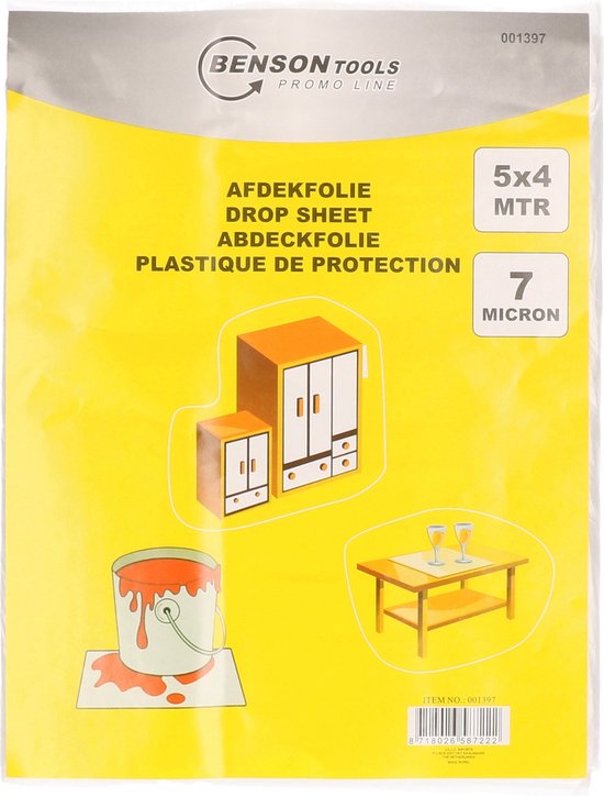 Verpakking afdekfolie met afbeeldingen van een verfemmer, meubels en tafel. Tekst: AFDEKFOLIE 5x4 MTR 7 MICRON.