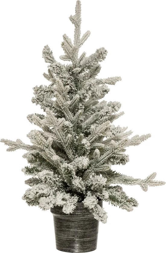 Kunstkerstboom met witte sneeuw op de takken, in een donkergrijze pot.
