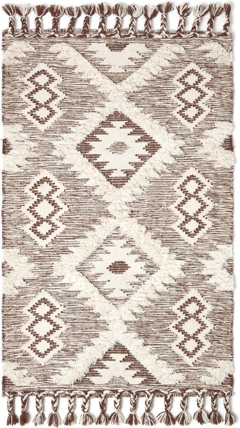 Homescapes Tapis Kilim en laine à franges et motif géométrique marron - Lhasa - 120 x 170 cm