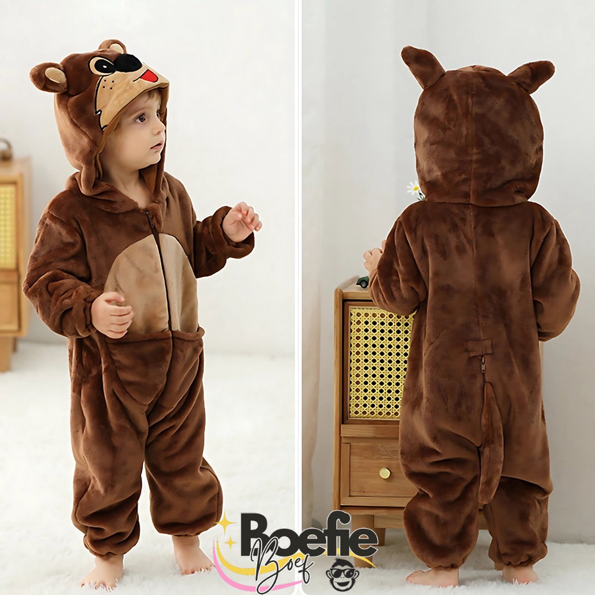 BoefieBoef Dieren Baby Onesie Peuter Pyjama Kinderen 6 maanden tot 2 jaar – Verkleedkleding met Luierrits – Carnaval Dierenpak - Halloween en Kraamcadeau Tip – Zacht Flanel - Romper - Boxpak - Jongens - Meisjes - Kruippak - Kangoeroe - Bruin — afbeelding 7