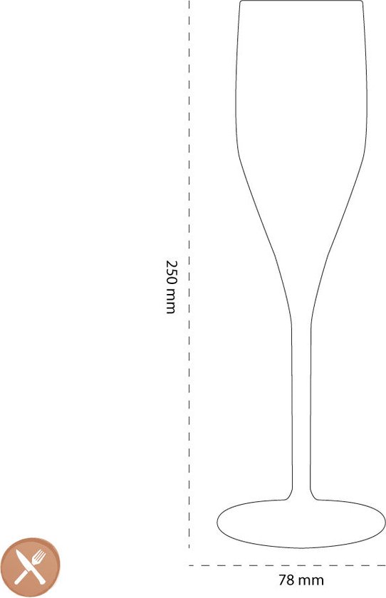 Schematische tekening van een champagneglas met afmetingen: 250mm hoog, 78mm breed.