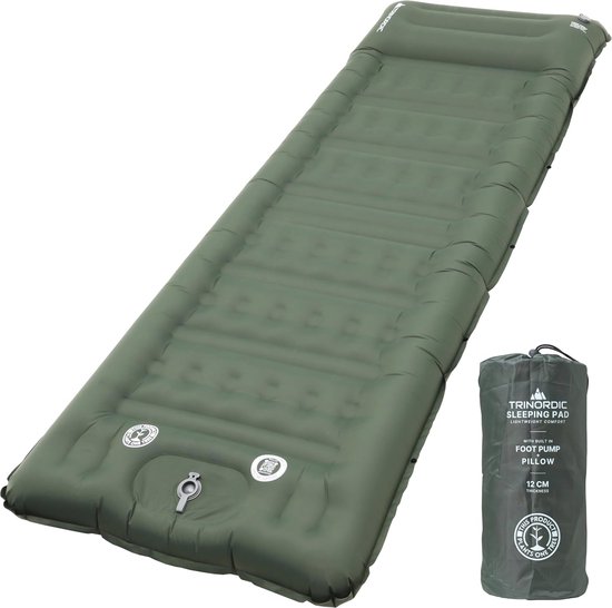 Trinordic Dikke opblaasbare campingmat, 12 cm, extra dik en breed, met voetpomp en kussen, licht campingbed voor wandelen in de open lucht en fietsen