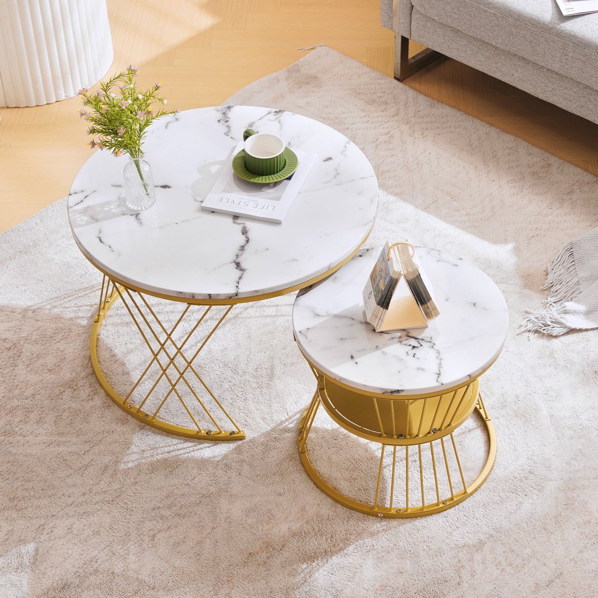 Merax Nesting Salontafel Set 2-Delig – Wit Marmerlook met Goud Frame